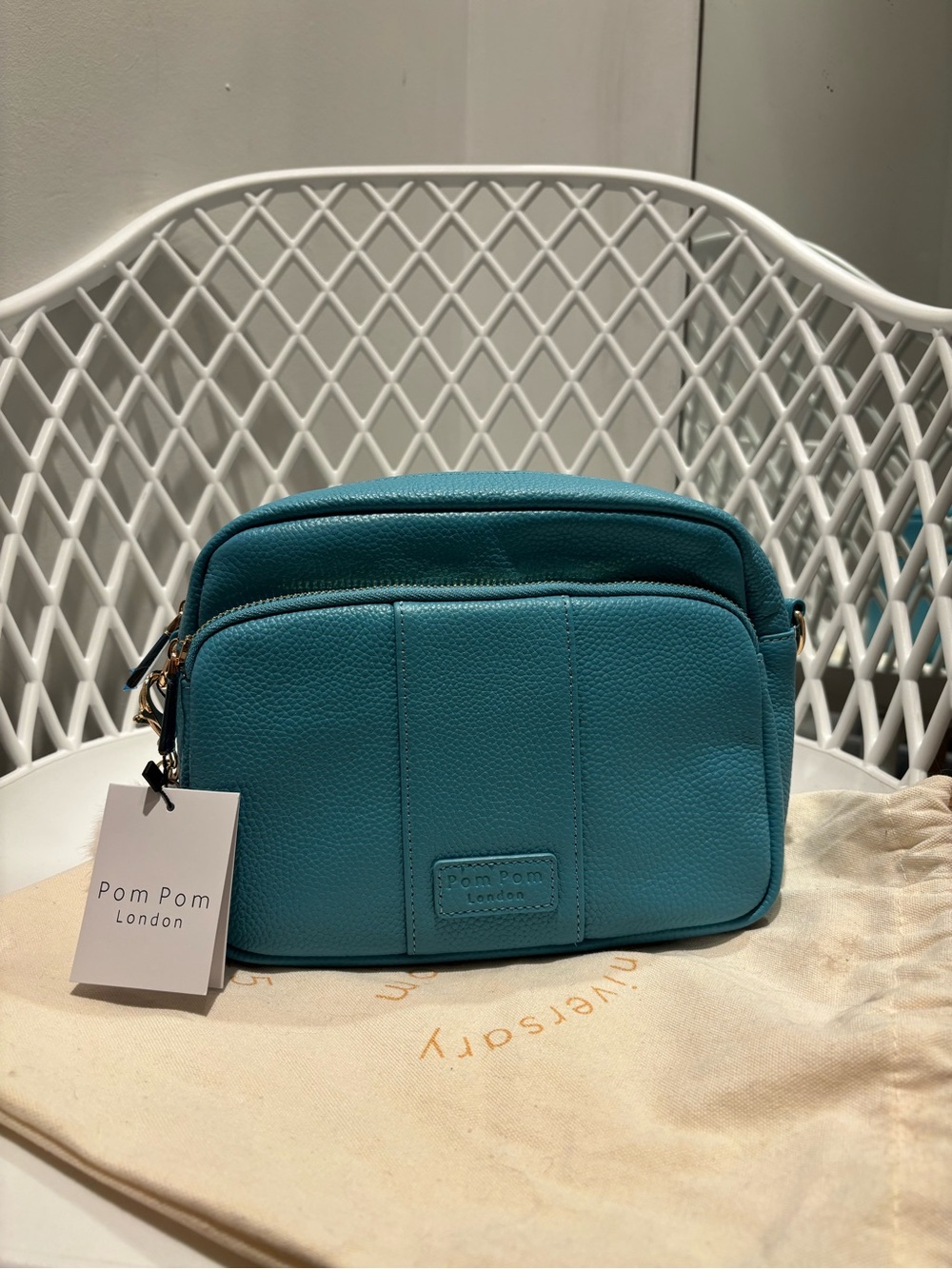 Pom Pom London Turquoise Pebbled Leather Crossbody Bag